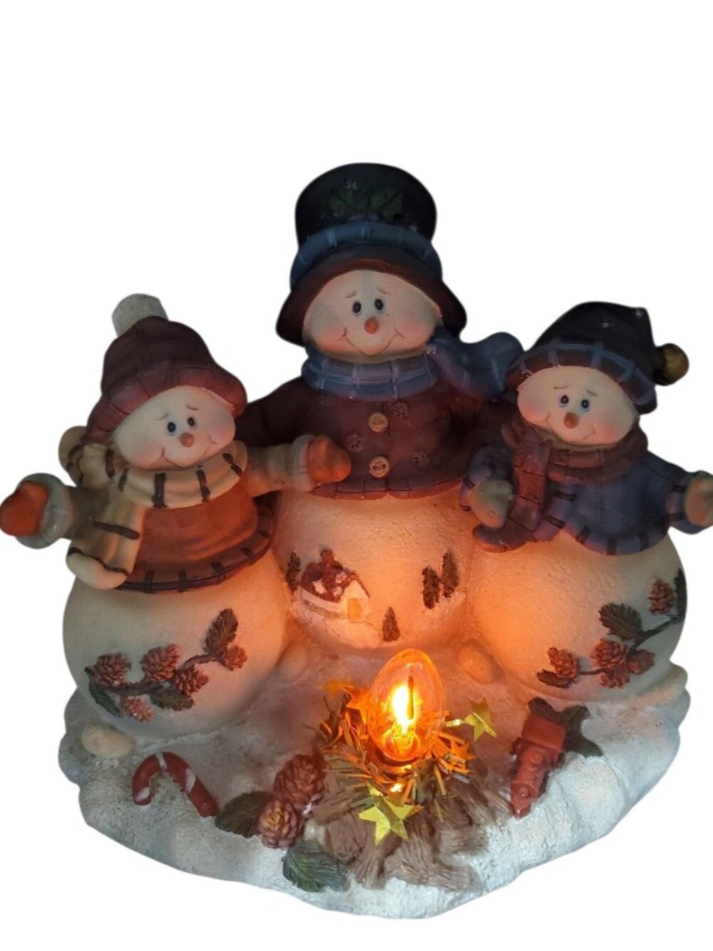 Gift Collection Snowman Family Lighted Fire Pit Christmas Figurine Decor W/Pinec